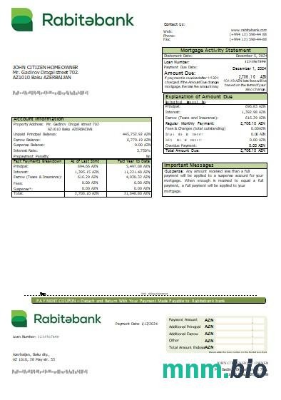 Azerbejdżan Bank Rabitebank wyciąg z kredytu hipotecznego szablon Word i PDF
